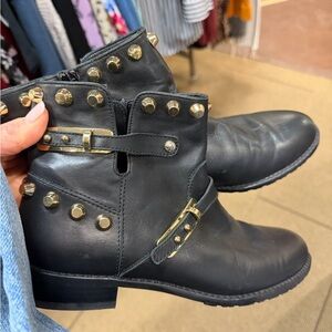 Go West Studded Stuart Weitzman black and gold  detail boots